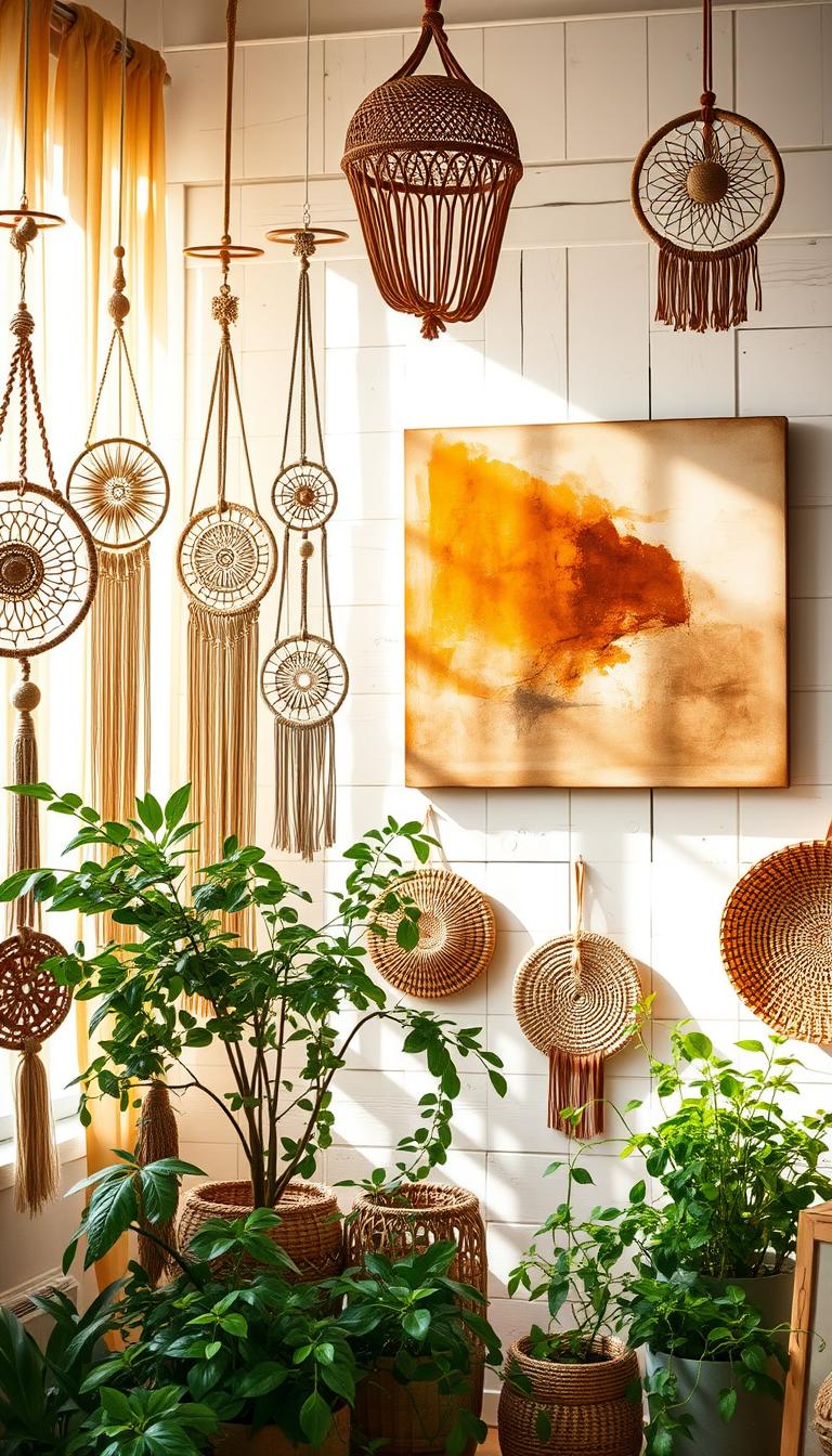 A serene boho-inspired wall décor scene, bathed in warm, natural light filtering through gauzy curtains. In the foreground, an eclectic arrangement of macrame wall hangings, dreamcatchers, and woven rattan baskets, each with its own intricate pattern and texture. The middle ground features lush greenery in the form of potted plants and trailing vines, creating a lush, earthy ambiance. In the background, a whitewashed wooden accent wall, adorned with a large, abstract wall art piece in muted tones of ochre, terracotta, and sage. This cohesive, visually-striking setup is the epitome of "My Home Dec" boho-chic style.
