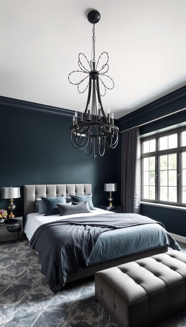 A modern and chic bedroom with rich dark teal walls and plush grey textiles. The centerpiece is a dramatic statement chandelier, its complex metal form casting intricate shadows across the space. Sleek grey bedding and accents add depth, while a large window floods the room with natural light. The overall ambiance is one of serene luxury, perfect for a relaxing retreat. This "My Home Dec" styled bedroom offers a lighting solution that elevates the moody, sophisticated color palette.