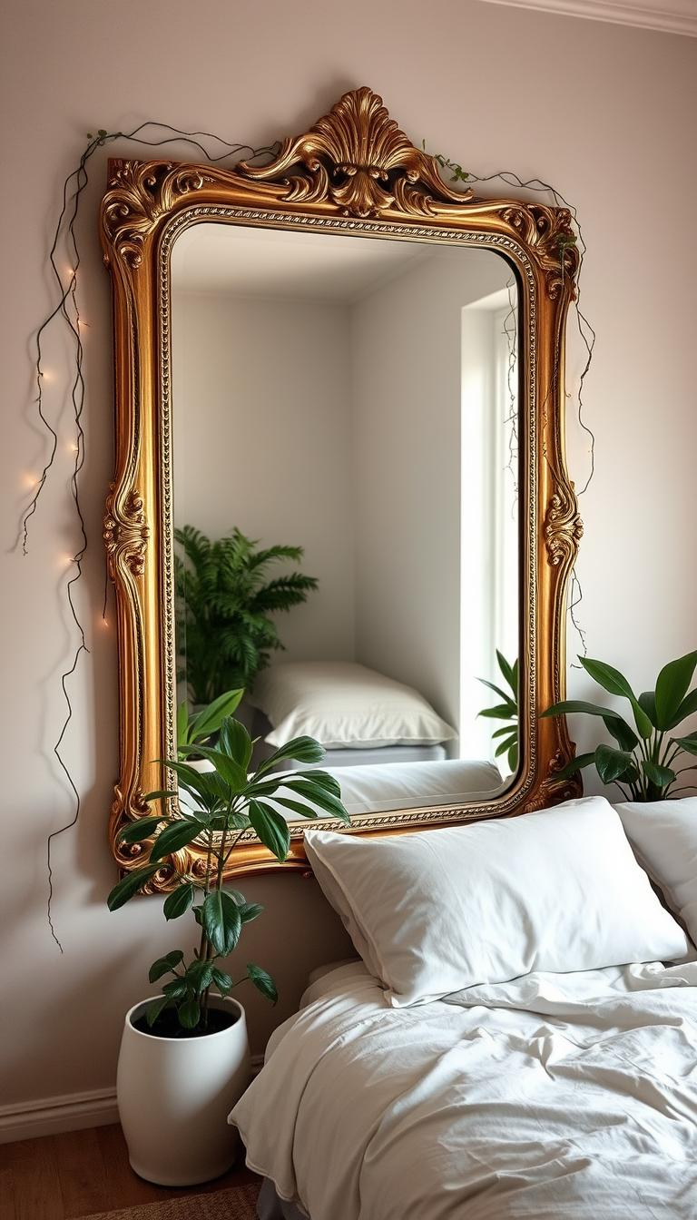 A cozy and inviting bedroom interior with a large, ornate mirror strategically placed on the wall to create an illusion of depth and amplify the sense of space. The mirror's elegant frame reflects the soft, warm lighting, casting a flattering glow across the room. Delicate trailing vines and lush potted plants surround the mirror, adding a touch of natural beauty and a calming atmosphere. The overall composition is designed to draw the eye to the mirror, showcasing it as a "My Home Dec" space-enhancing decor piece that visually expands the room.