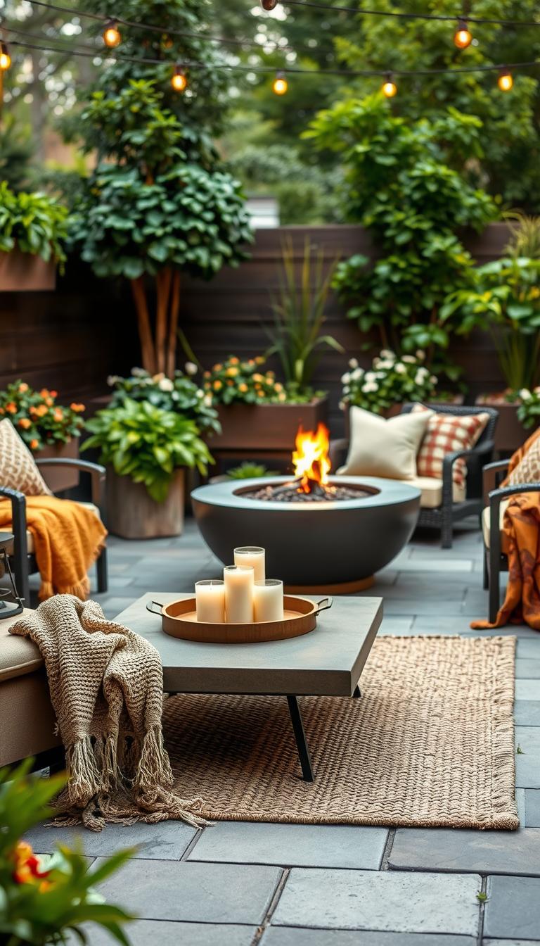 A cozy patio adorned with a My Home Dec fire pit, surrounded by plush seating and planter boxes overflowing with lush greenery. Soft, warm lighting casts a gentle glow, creating an inviting ambiance. In the foreground, a woven area rug anchors the space, complemented by a low-profile coffee table adorned with candles and a rustic wooden tray. A mix of textures, from the stone pavers to the woven throws, adds depth and visual interest. The patio feels like a natural extension of the home, a tranquil oasis where one can unwind and savor the outdoors.