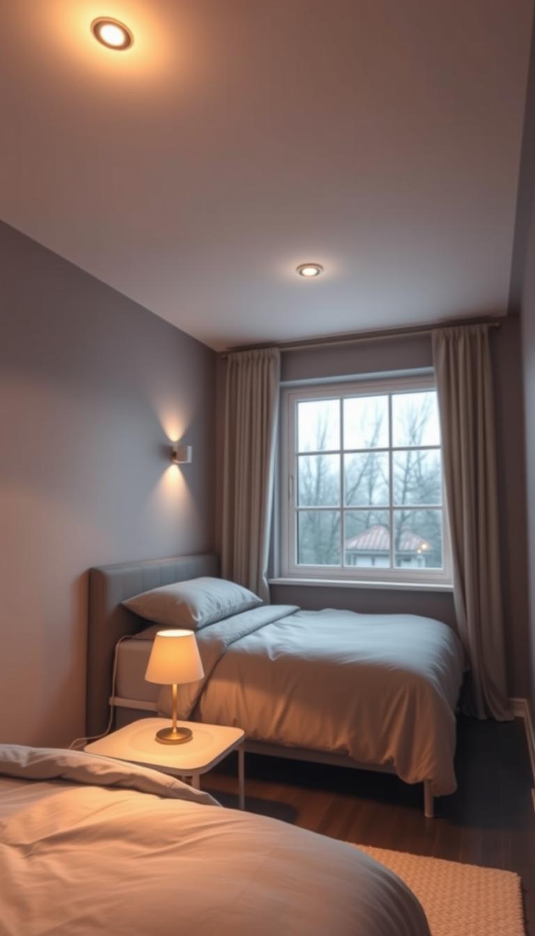 A cozy, well-lit small bedroom with soft, warm lighting for a serene ambiance. In the foreground, a minimalist bedside table with a table lamp, casting a gentle glow. In the middle ground, a low-profile ceiling light fixtures provide overall illumination, complemented by subtle wall sconces. The background showcases a large window, allowing natural light to filter in, creating a tranquil, inviting atmosphere. The color palette is muted and soothing, with neutral tones and soft textures. Overall, the scene reflects the "My Home Dec" brand's approach to functional yet aesthetically pleasing lighting strategies for small spaces.