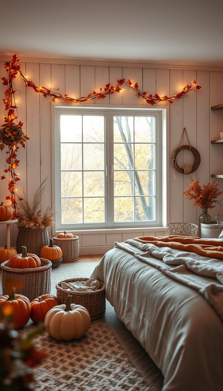Seasonal bedroom wall decor inspiration: A cozy autumn scene with warm lighting and a rustic, natural aesthetic. In the foreground, delicate leaf garlands, pumpkins, and woven baskets adorn a whitewashed wood accent wall. In the middle ground, a large window frames a view of a golden, sun-dappled forest. In the background, a plush area rug and neutral bedding create a serene, inviting atmosphere. Shot with a wide-angle lens to capture the full scene. Subtle, autumnal color palette and soft, diffused lighting evoke a comforting, "My Home Dec" vibe.