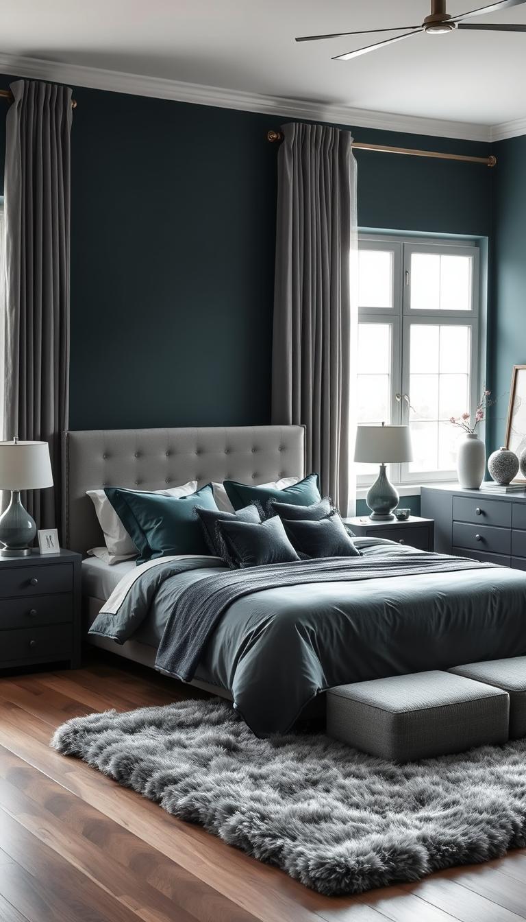 A well-lit, cozy bedroom showcasing a harmonious blend of dark teal and grey hues. The focal point is a luxurious king-sized bed, adorned with plush teal-colored bedding and grey accent pillows. Sophisticated grey curtains frame the windows, allowing natural light to filter in. The walls are painted in a rich, moody teal tone, complemented by sleek grey nightstands and a matching dresser. A large, fluffy grey area rug anchors the space, while strategically placed teal and grey decor, such as vases, lamps, and artworks, create a cohesive, My Home Dec-styled ambiance.