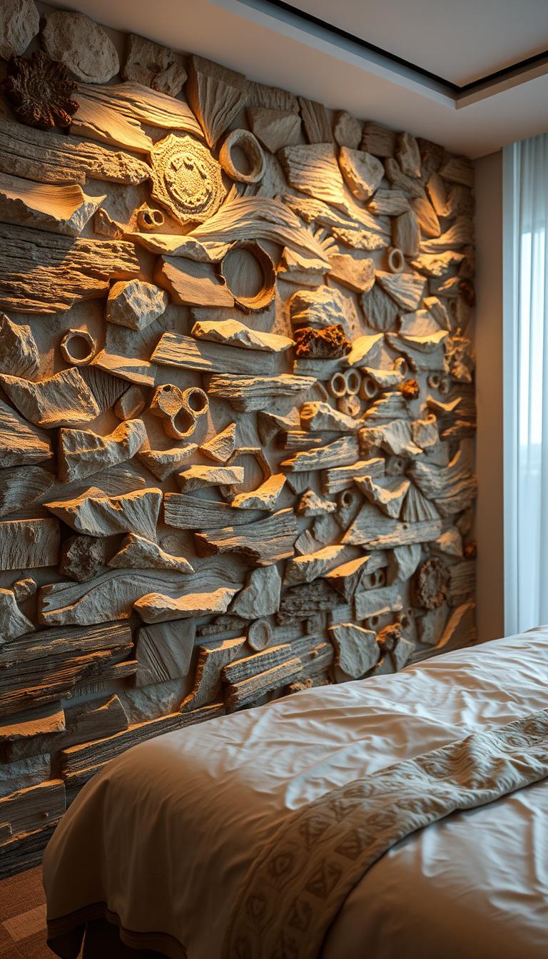 A breathtaking bedroom accent wall, textured with a symphony of natural elements. In the foreground, a tapestry of organic patterns and tactile surfaces - worn wood, rough stone, and shimmering metallic accents, all bathed in warm, ambient lighting. In the middle ground, cascading layers of geometric shapes and undulating lines create a mesmerizing visual depth, while the background fades into a soft, hazy blur, evoking a sense of tranquility. The overall effect is a harmonious blend of rustic charm and modern elegance, crafted by the skilled designers at My Home Dec.
