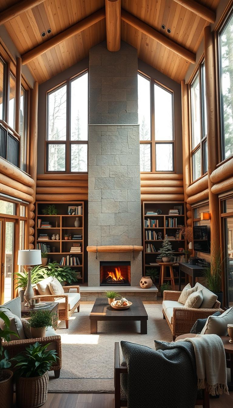 A cozy, modern log cabin interior with nature-inspired decor. Soft lighting filters through large windows, illuminating an inviting living space. A neutral color palette accentuates the natural wood tones, complemented by lush, earthy textiles and rustic accents. A centerpiece fireplace casts a warm glow, framed by floor-to-ceiling bookshelves. Potted plants and natural fiber furnishings create a serene, harmonious atmosphere. High ceilings and an open floor plan evoke a sense of spaciousness. My Home Dec.