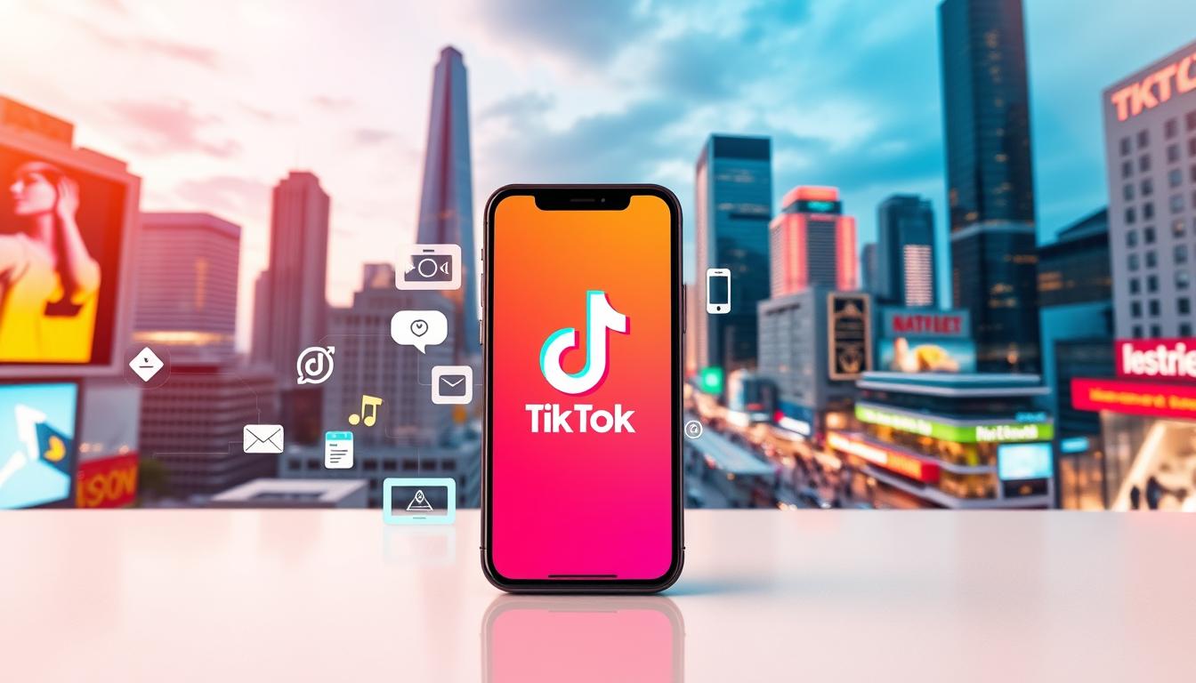 A vibrant digital marketing scene featuring TikTok as the centerpiece. In the foreground, a smartphone displays the TikTok app interface, its bold colors and dynamic animations capturing the attention. The middle ground showcases various digital marketing tools and platforms, seamlessly integrated with the TikTok ecosystem. In the background, a bustling cityscape with modern skyscrapers and a lively online marketplace, representing the rapid growth and profitability of e-commerce. The scene is illuminated by a warm, inviting lighting, conveying the energy and potential of this digital marketing revolution. The overall composition emphasizes the synergy between TikTok and the thriving world of e-commerce, highlighting the platform's role as a powerful tool for rapid growth and profitability.