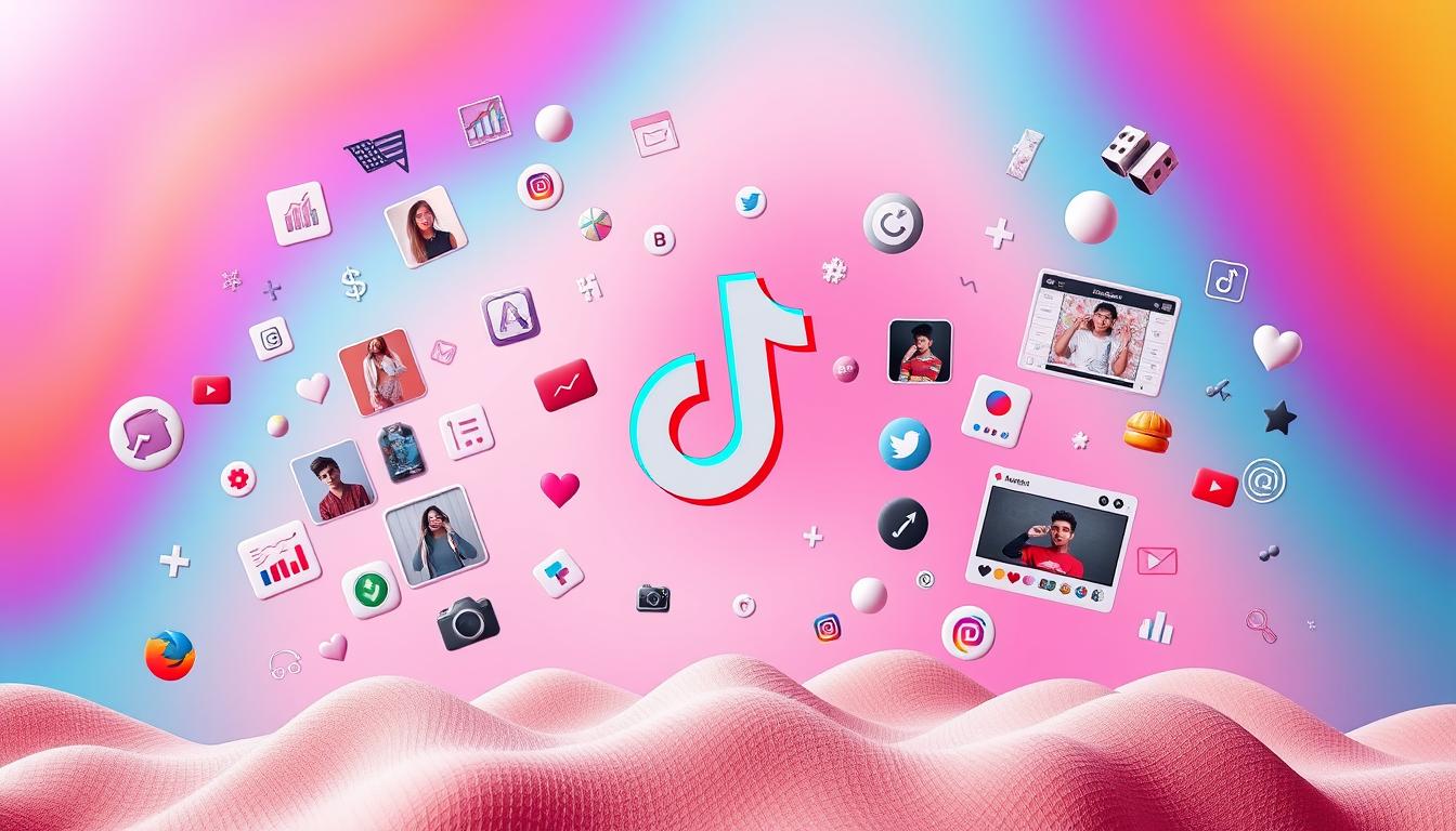 A dynamic, visually captivating image depicting the strategies for effective TikTok marketing. Set against a vibrant, trendy backdrop, a diverse array of social media icons, infographic elements, and digital marketing symbols float in a harmonious composition. The foreground features a central TikTok logo, surrounded by trending hashtags, analytical charts, and engaging video thumbnails. The middle ground showcases influencers, product shots, and creative video frames, hinting at the power of TikTok's platform. The background layers in subtle gradients, patterns, and textures that evoke the fast-paced, ever-evolving nature of this digital marketing landscape. Crisp lighting and a modern, minimalist aesthetic convey a sense of professionalism and innovation, capturing the essence of successful TikTok marketing strategies.