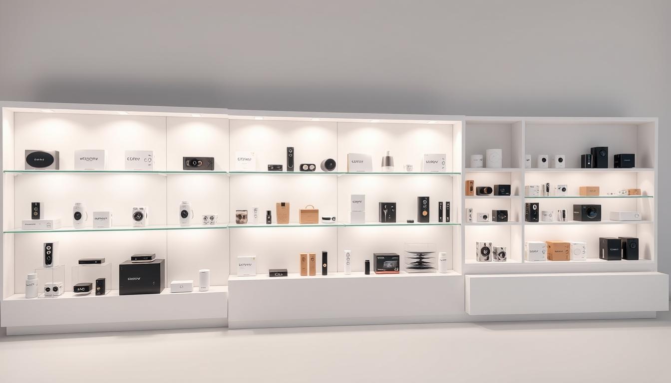 A detailed 3D product catalog with clean, minimalist display shelves showcasing various consumer products. The shelves are neatly organized with products thoughtfully arranged to highlight their key features. Warm, directional lighting illuminates the products, creating depth and emphasizing their textures and materials. The overall scene conveys a sense of order, professionalism, and attention to detail - essential qualities for an effective product categorization system. The background is a plain, neutral tone that allows the products to be the central focus.