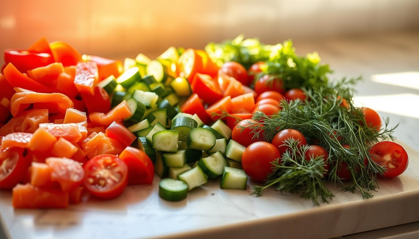 Vegetable Preparation for Smoked Salmon Bagel Board