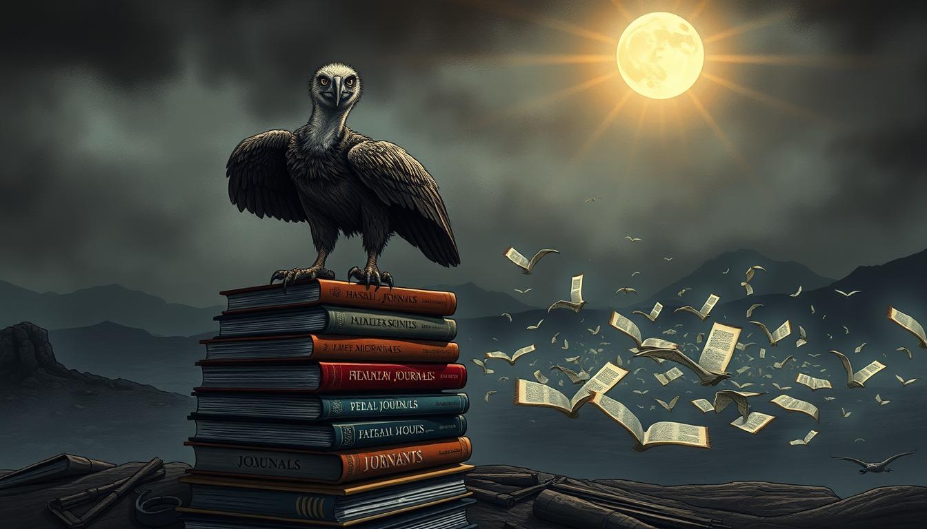 A dark, foreboding illustration of predatory journals. In the foreground, a vulture-like creature with sharp talons and a sinister glare, perched atop a stack of gaudy, hastily assembled journals with misleading titles. The middle ground features a swarm of these predatory publications, their pages fluttering ominously. In the background, a bleak, shadowy landscape suggests the deceptive nature of these unscrupulous operations. The scene is illuminated by a dim, ominous light, casting an unsettling atmosphere. The image conveys the dangers of these exploitative publishing practices, emphasizing the need for vigilance in identifying reliable, peer-reviewed sources.