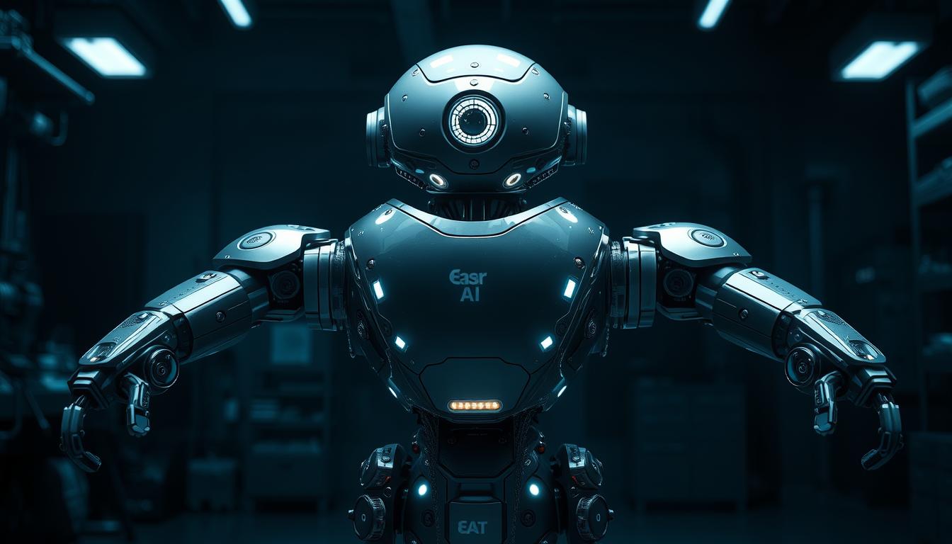 A sleek, metallic robot with a spherical body and four articulated arms stands in a futuristic, dimly lit laboratory. Its surface is etched with intricate circuitry and glowing panels, hinting at its advanced AI capabilities. The robot's head is a smooth, dome-like structure with a single, cyclopean lens that seems to scan the environment with a curious, thoughtful gaze. The background is shrouded in shadows, with hints of advanced technological equipment and instruments visible in the periphery, creating an atmosphere of cutting-edge research and development. The scene is bathed in a cool, blue-toned lighting, giving it a sense of mystery and depth. Branding: Easr_AI.