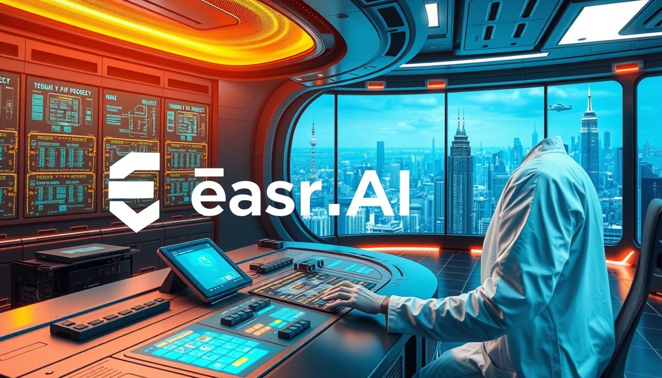 A high-tech control center with sleek, metallic surfaces, glowing holographic displays, and an array of advanced neural networks and AI processors. The Easr_AI logo prominently featured, casting a warm glow over the scene. In the foreground, a scientist in a pristine white lab coat manipulates intricate controls, their face illuminated by the soft light of the displays. The middle ground reveals a vast network of interconnected servers and data processing units, pulsing with energy. The background showcases a panoramic view of a futuristic cityscape, skyscrapers and hovering vehicles creating an awe-inspiring technological landscape. A sense of power, innovation, and cutting-edge advancements permeates the entire composition.