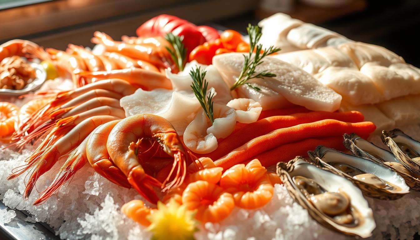 A neatly arranged display of fresh seafood, illuminated by warm natural lighting. A carefully curated selection of gleaming shrimp, tender scallops, flaky white fish fillets, and glistening oysters nestled on a bed of crushed ice. The seafood is strategically positioned to showcase its vibrant colors and textures, inviting the viewer to imagine the flavors and aromas. The scene is captured from a slightly elevated angle, providing a clear view of the diverse array of ocean-fresh delicacies. An atmosphere of culinary refinement and artisanal presentation pervades the image, hinting at the delectable dishes that could be crafted from these premium ingredients.