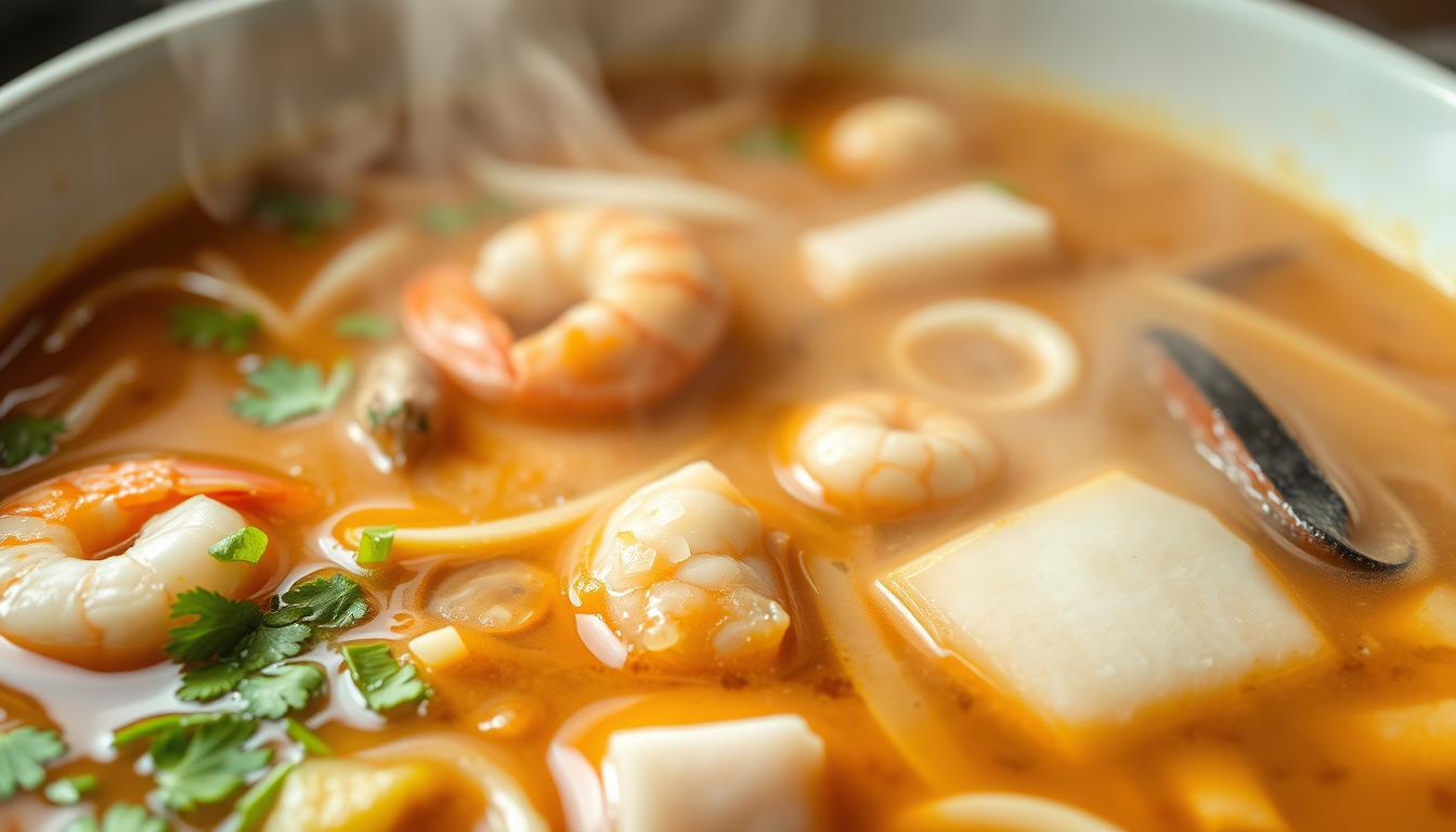 A steaming bowl of authentic seafood ramen broth, with a rich, savory aroma wafting through the air. In the foreground, chunks of succulent shrimp, tender squid, and flaky white fish float in the translucent, amber-hued liquid. Delicate scallions and fresh cilantro add vibrant pops of color, while slivers of ginger and garlic lend depth of flavor. The middle ground reveals a slightly opaque, gelatinous texture, hinting at the slow-simmered bones and shells that have imparted their essence. In the background, a hazy, soft-focused steam rises, creating an intimate, cozy atmosphere, as if the viewer is seated at a ramen counter, eagerly anticipating the first sip of this masterfully crafted broth.