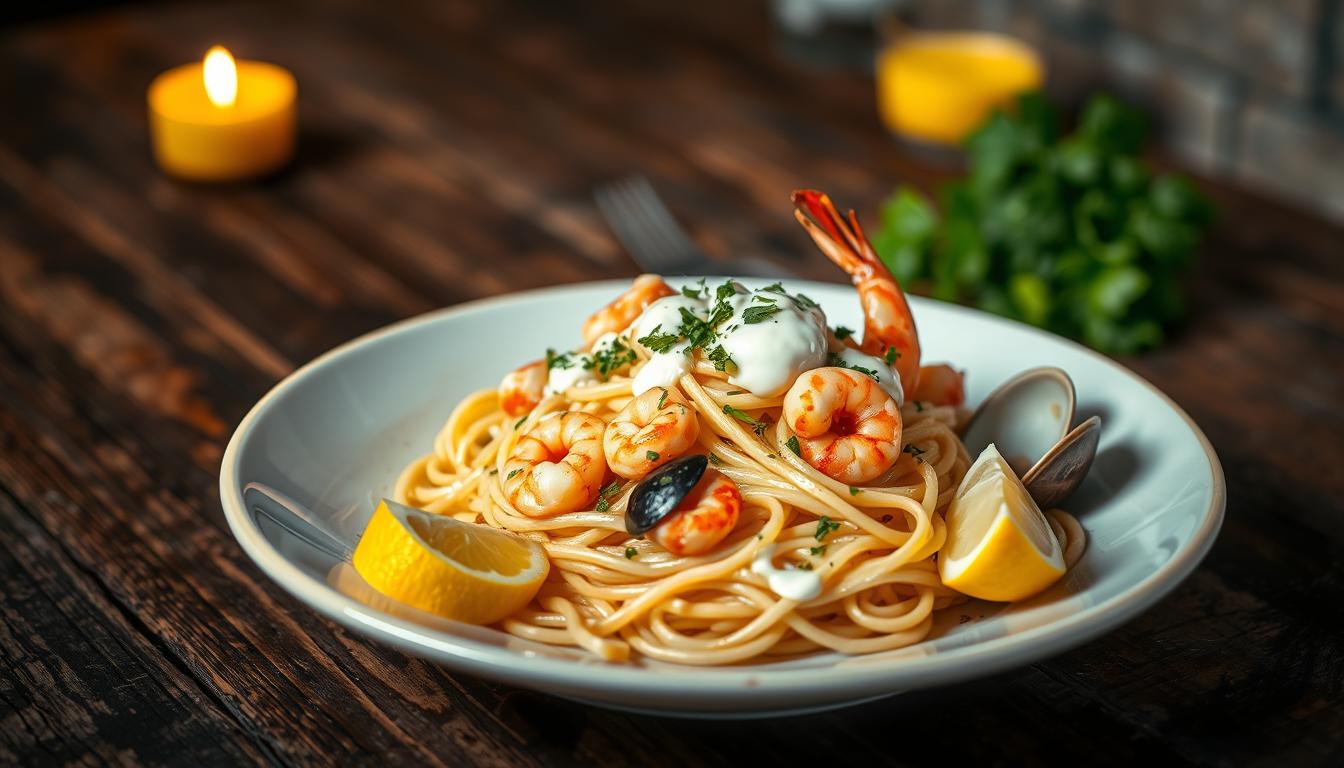 A gourmet seafood pasta dish presented on a rustic wooden table, with fresh fettuccine noodles twirled around succulent shrimp, scallops, and clams. The plate is garnished with vibrant herbs, lemon wedges, and a drizzle of creamy white sauce, casting a warm, inviting glow under soft, diffused studio lighting from the side. The composition is carefully balanced, with the pasta forming the focal point, while the background showcases a blurred, atmospheric setting, hinting at a cozy, intimate dining experience.