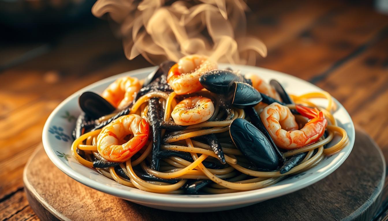 A steaming plate of homemade squid ink seafood pasta, freshly cooked al dente spaghetti entwined with tender calamari, shrimp, and mussels, all bathed in a rich, velvety black sauce infused with the briny essence of the sea. The pasta glistens under the warm, soft lighting, casting an ethereal glow on the colorful array of seafood nestled within. In the background, a rustic wooden table sets the stage, hinting at the comforting and authentic nature of this classic Italian dish. The overall mood is one of culinary indulgence and seaside tranquility, inviting the viewer to imagine the flavors and aromas of this delectable creation.