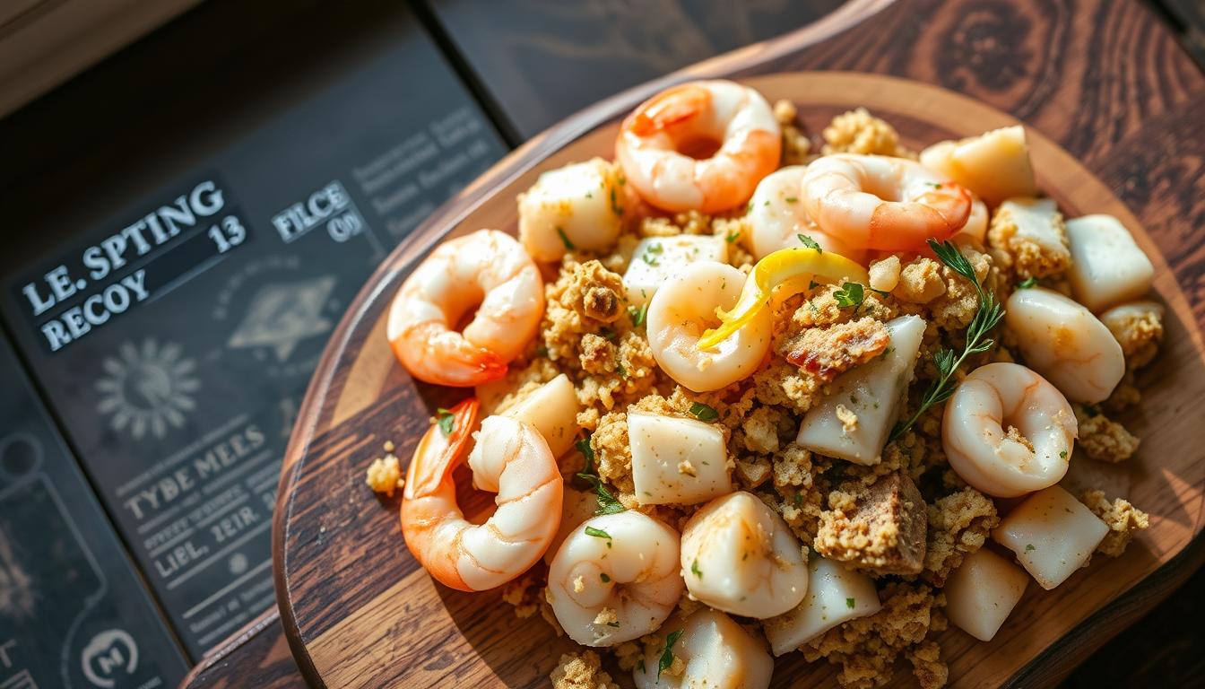 Elegant seafood stuffing recipe, delicately arranged on a rustic wooden board. Plump shrimp, tender scallops, and flaky white fish mingle with savory breadcrumbs, aromatic herbs, and a hint of lemon zest. Soft lighting from overhead casts a warm glow, casting shadows that accentuate the texture of the ingredients. The composition is balanced and visually appealing, capturing the essence of a quick and easy weeknight seafood dish.