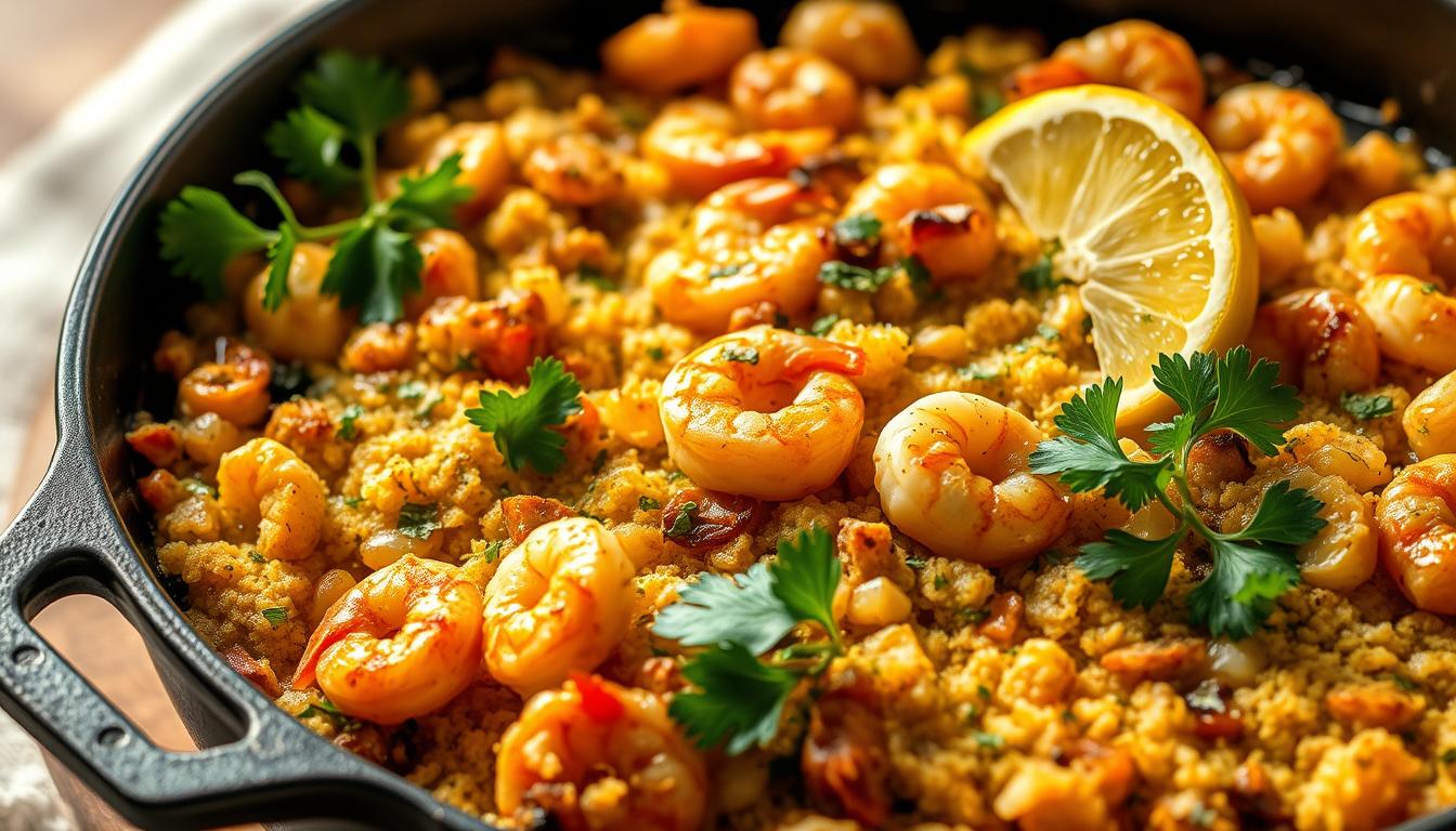 A succulent seafood stuffing nestled in a cast-iron skillet, garnished with fresh parsley and lemon wedges. The golden-brown crust glistens under warm, natural lighting, inviting the viewer to savor its aromatic blend of sautéed shrimp, crab meat, breadcrumbs, and savory herbs. The image is captured from a high angle, showcasing the depth and texture of the dish, set against a softly blurred background that evokes a cozy, homey atmosphere. The composition balances the rustic elegance of the cast-iron skillet with the vibrant colors and flavors of the classic seafood stuffing.