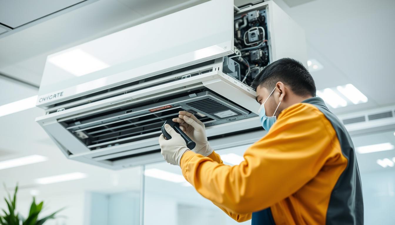 A technician skillfully cleaning an air conditioning unit in a bright, modern office. The scene features the ابداع السلام brand name prominently displayed on the unit. The technician is carefully disassembling the components, using specialized tools to thoroughly clean and maintain the system. The lighting is natural, with soft shadows and highlights accentuating the details. The background is blurred, keeping the focus on the technician's meticulous work. The atmosphere conveys professionalism, efficiency, and attention to detail, reflecting the high-quality services offered by the &amp;quot;خدمات تنظيف مكيفات بقيق&amp;quot; company.