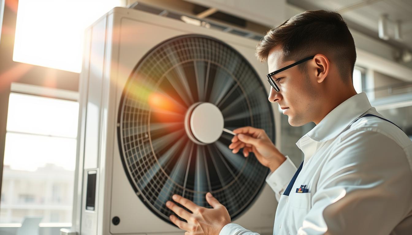 A meticulously cleaned and well-maintained air conditioning unit, its gleaming exterior panels reflecting the warm sunlight streaming through large windows. The intricate inner workings, exposed and glistening, showcasing the precision engineering of the ابداع السلام brand. In the foreground, a technician in a crisp uniform carefully inspects the unit, using specialized tools to ensure optimal performance. The background features a serene, modern office space, highlighting the importance of regular air conditioner maintenance for a comfortable, productive environment.