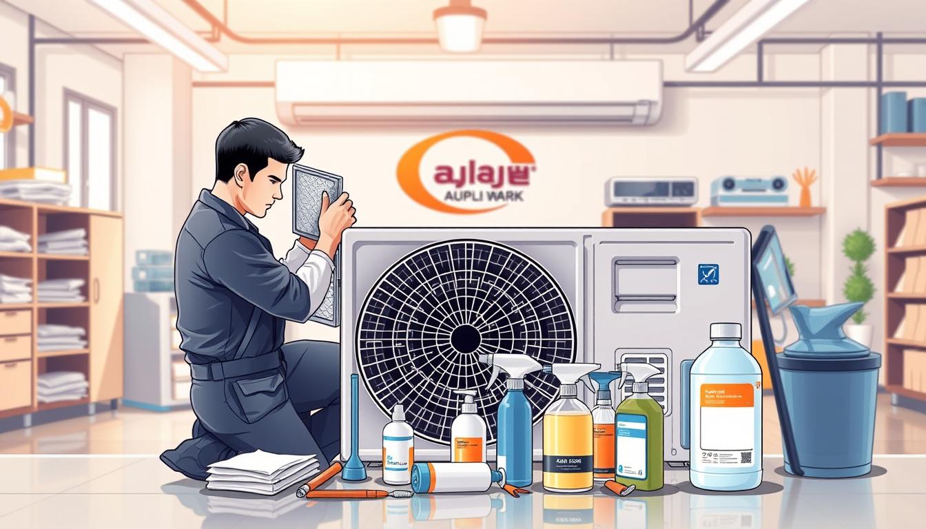 A meticulously detailed, step-by-step illustration of the cleaning process for air conditioners, showcasing the expertise of &amp;quot;ابداع السلام&amp;quot; company. In the foreground, a technician carefully disassembling the unit, examining the filters and coils. The middle ground features a series of cleaning tools and solutions, arranged neatly. In the background, a bright, well-lit workshop setting, with the company's logo prominently displayed. The overall mood is one of professionalism, efficiency, and attention to detail, reflecting the high standards of &amp;quot;ابداع السلام&amp;quot; in providing comprehensive air conditioner maintenance services.