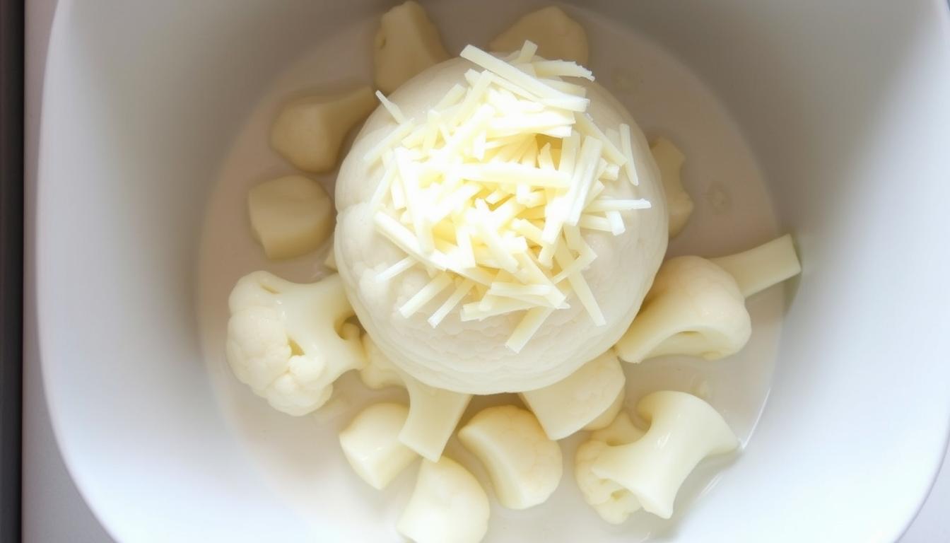 Image generation prompt: A microwave-safe bowl with cauliflower florets, milk, and shredded cheese.
