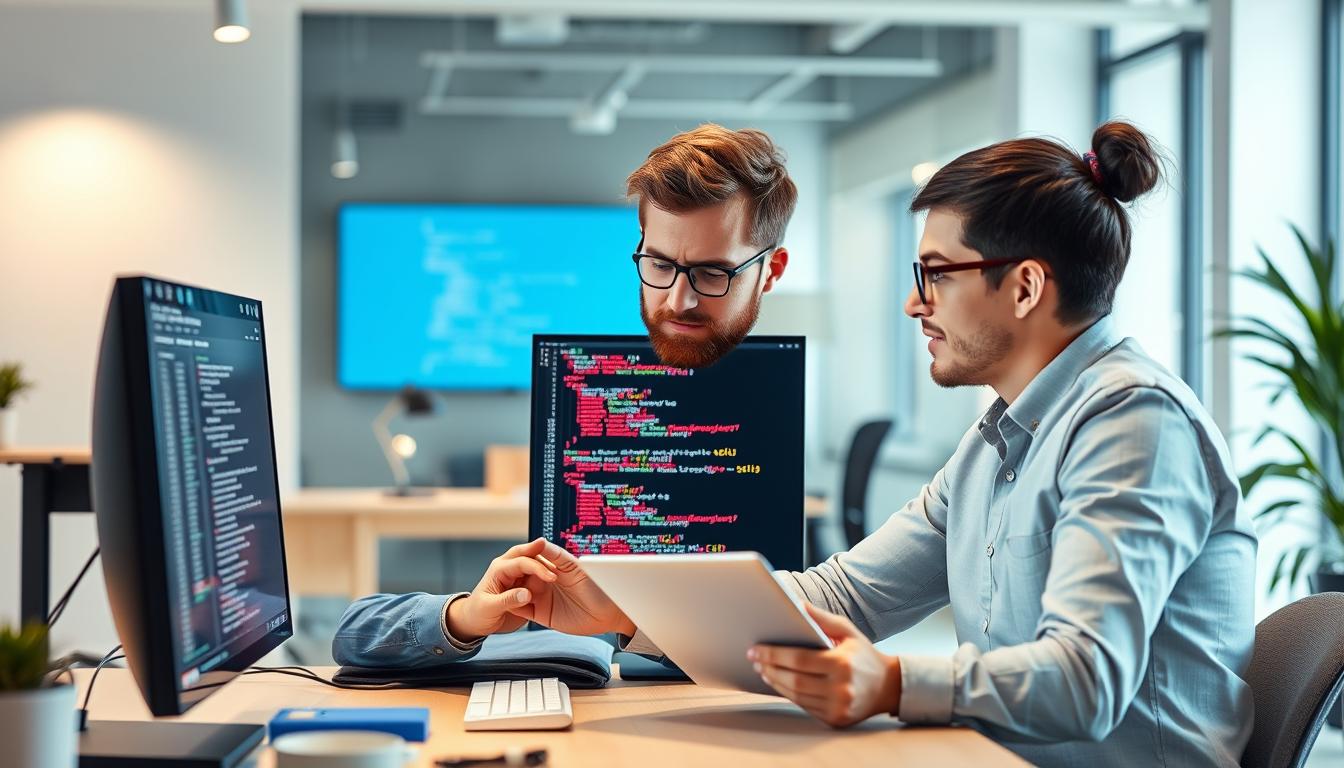 Software developer and QA tester collaborating on finding bugs in a startup application