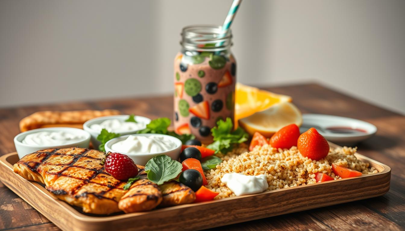 A nourishing protein-packed lunch laid out on a rustic wooden table, bathed in soft, natural lighting. In the foreground, an assortment of colorful ingredients - grilled chicken breast, roasted vegetables, quinoa, and a side of creamy Greek yogurt. The middle ground features a mason jar filled with a nutrient-dense smoothie, with fresh berries and leafy greens swirling within. The background showcases a simple, minimalist setting, hinting at the importance of a balanced, high-protein meal to fuel the day ahead. The overall mood is one of wholesome, energizing sustenance, captured through a wide-angle lens for a comprehensive view of this power-packed lunchbox.