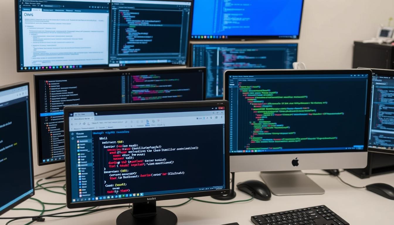 Developer workspace showing AI API integration tools and resources on multiple screens