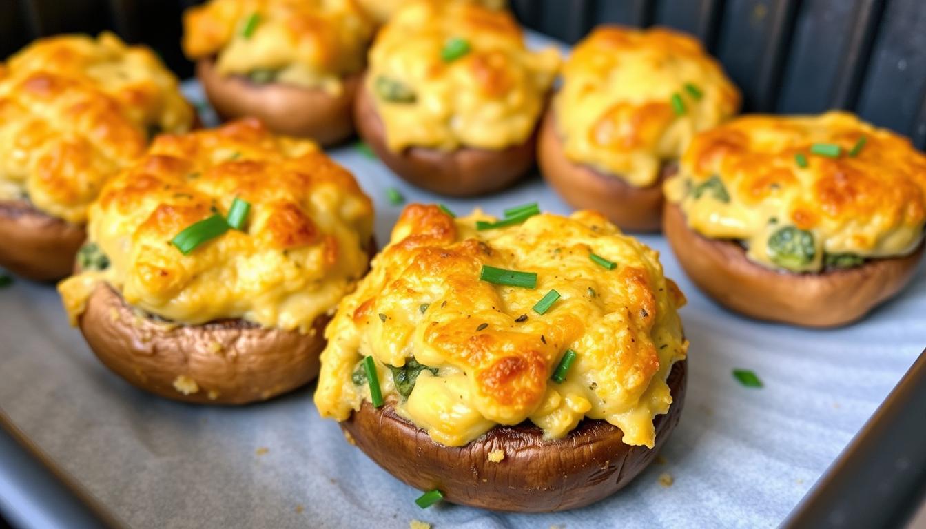 Image of stuffed mushrooms cooked in an air fryer, golden brown and appetizing.