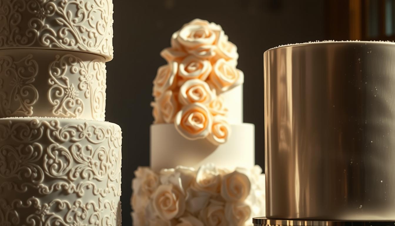 Unique wedding cake designs with varied textures, captured in a high-resolution, cinematic-style photograph. In the foreground, a towering cake with intricate, lace-like patterns and a soft, velvety finish. The middle ground features a cake with delicate, hand-piped flowers and a subtly gritty buttercream texture. In the background, a cake with a sleek, mirror-like fondant surface complemented by a scattering of crystallized sugar or edible glitter. The lighting is soft and directional, highlighting the interplay of textures and casting subtle shadows that add depth and dimension to the scene. The overall mood is one of elegance, sophistication, and a touch of creative flair, perfectly capturing the essence of the "Textures That Add Depth and Interest" section.