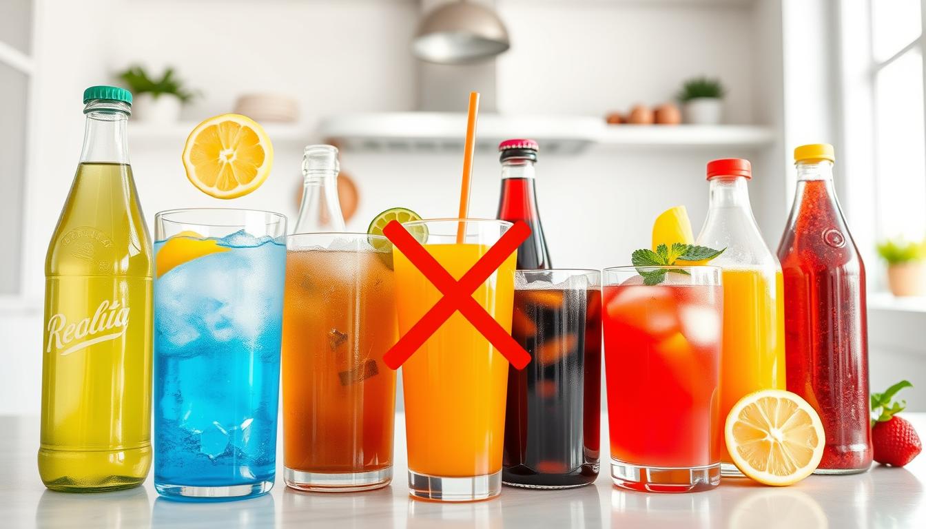 A vibrant, high-resolution image depicting an array of healthy beverage swaps. In the foreground, a collection of glass bottles and cups filled with colorful liquids - sparkling water with lemon, unsweetened iced tea, and a freshly squeezed fruit juice. The middle ground showcases a selection of traditional sugary drinks such as soda and flavored juices, with a bold "X" overlay to indicate the unhealthy swap-outs. In the background, a clean, modern kitchen setting with minimalist decor, creating a crisp, inviting atmosphere. The lighting is bright and natural, highlighting the visual contrast between the healthy and unhealthy options. The overall composition conveys a sense of wellness, simplicity, and the ease of making better beverage choices.