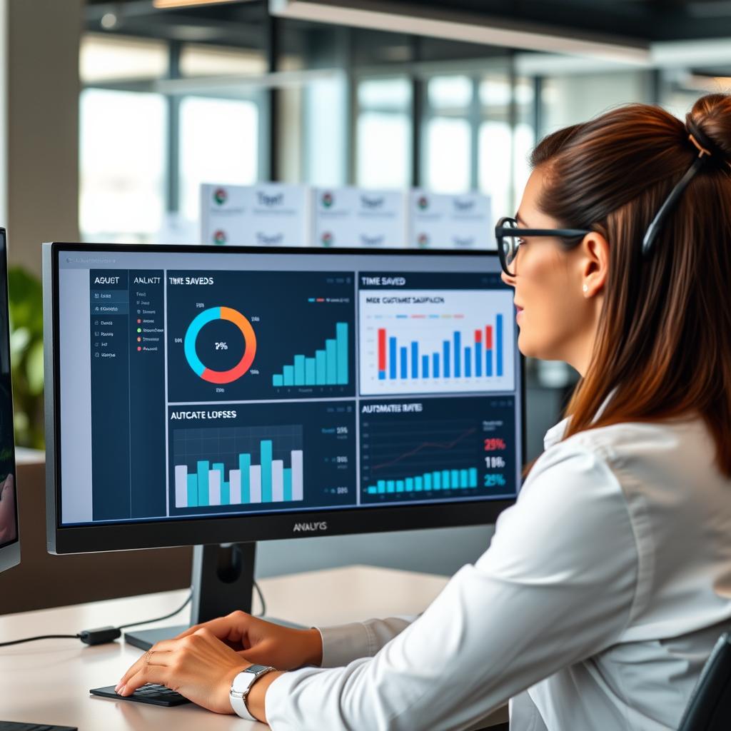 Business professional reviewing AI agent analytics dashboard showing productivity improvements