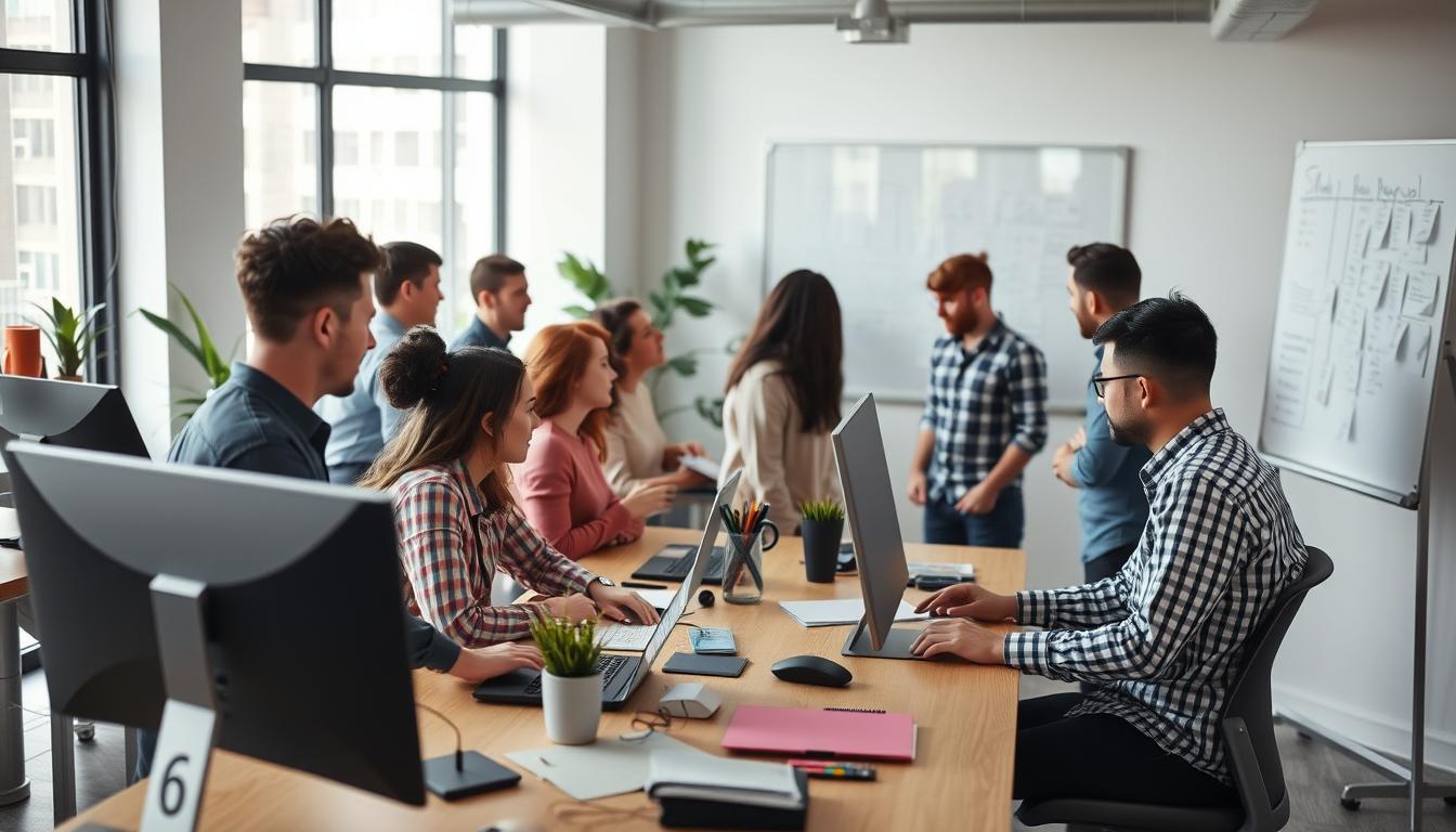 In-house development team working together in an office environment on a software project