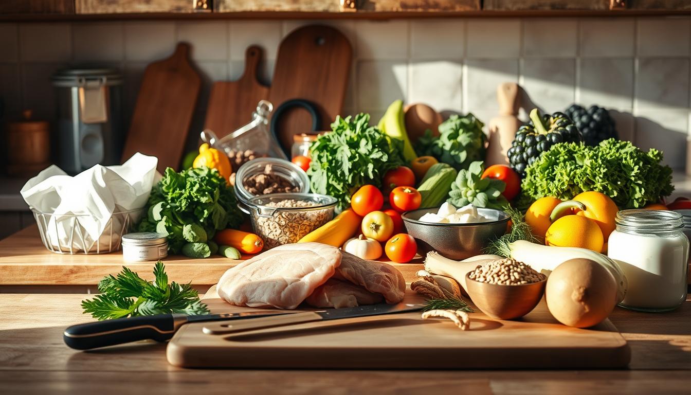 A rustic kitchen counter overflows with a variety of wholesome ingredients - fresh produce, lean proteins, whole grains, and healthy fats. Soft directional lighting casts a warm glow, casting gentle shadows that accentuate the textures and colors. In the foreground, a cutting board and simple cooking tools suggest the preparation of a delicious, nutritious meal. The background features a clean, minimalist space, allowing the real stars - the affordable, high-quality food items - to shine. The overall mood is one of simplicity, affordability, and a commitment to wellness, perfectly capturing the challenge of eating well on a budget.