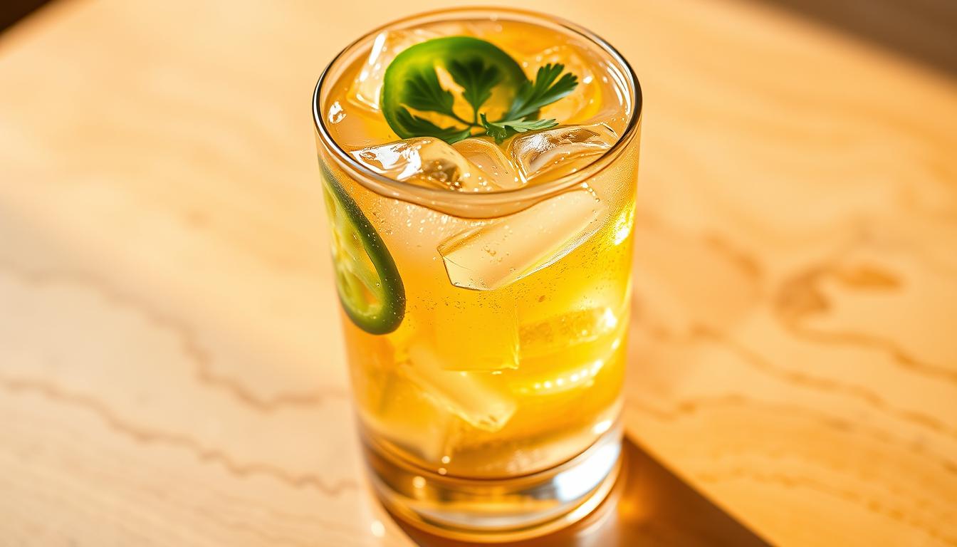 A chilled glass filled with a vibrant, spicy concoction of ranch-infused sparkling water, garnished with a slice of jalapeño and a sprinkle of fresh cilantro. The liquid swirls and bubbles, casting a shimmering reflection on the smooth surface of the glass. Warm, golden lighting casts a soft, inviting glow, highlighting the vivid colors and textures of the drink. The overall composition exudes a refreshing, yet slightly edgy, atmosphere, perfectly capturing the essence of the "Spicy Ranch Water" recipe.