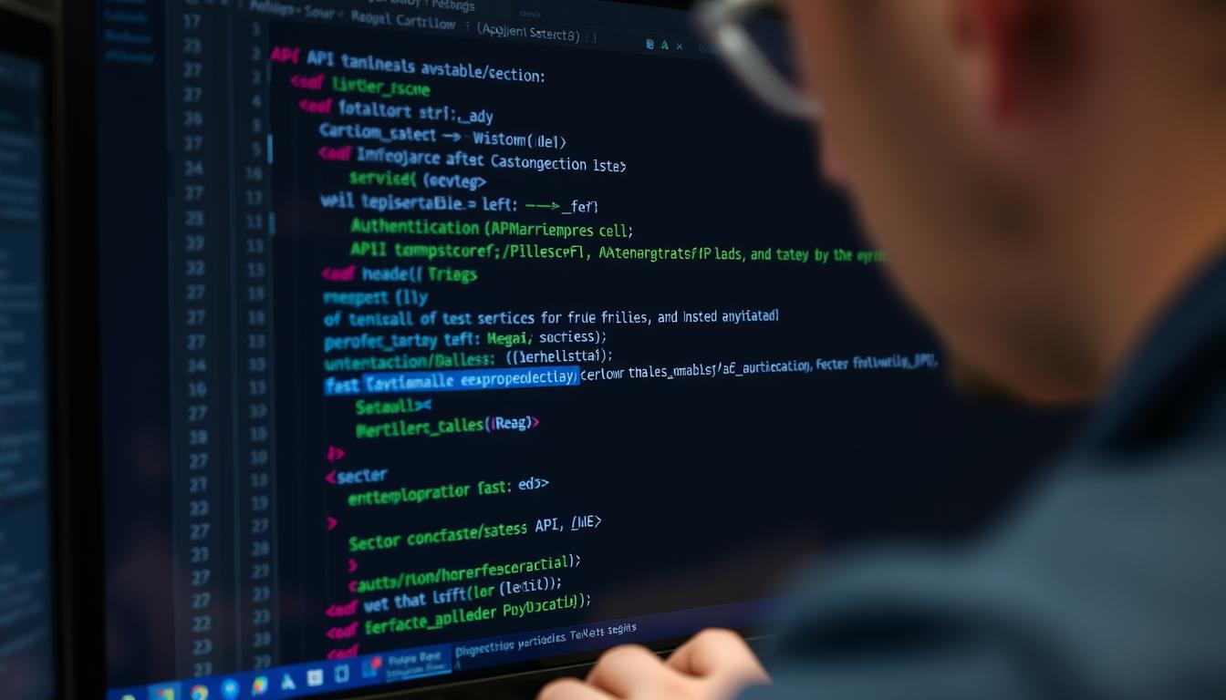 Developer implementing AI API authentication in a web application with secure key management