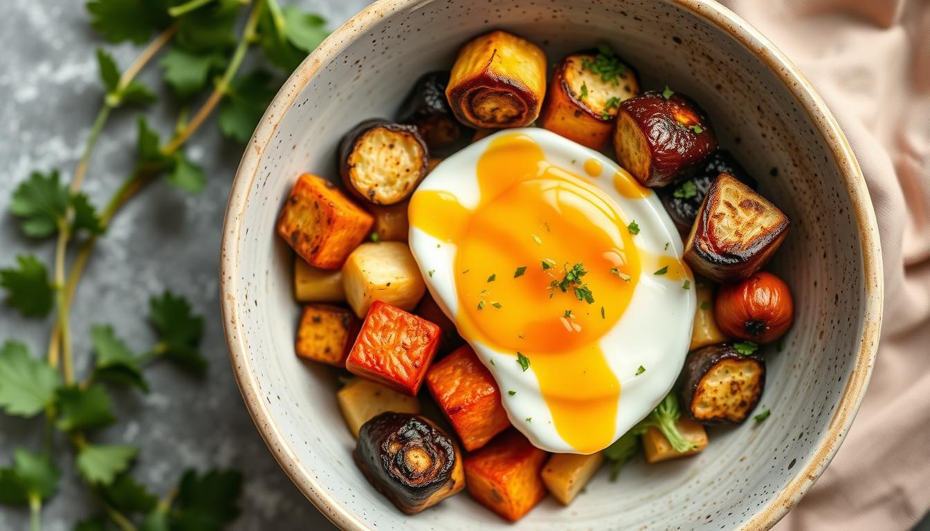 Generate an image of a savory breakfast bowl with a soft-boiled egg, roasted vegetables, and a flavorful sauce.
