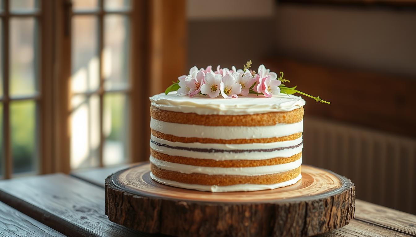 A beautifully crafted naked cake sits upon a rustic wooden table, its layers of sponge and buttercream exposed in an elegant display. Soft, natural lighting filters through a window, casting a warm glow on the dessert. The cake is adorned with delicate edible flowers, their petals cascading across the top and sides, adding a touch of romance. The background is blurred, allowing the cake to be the focal point, commanding attention. The overall mood is one of refined simplicity, showcasing the inherent beauty of this Instagram-worthy celebration cake.