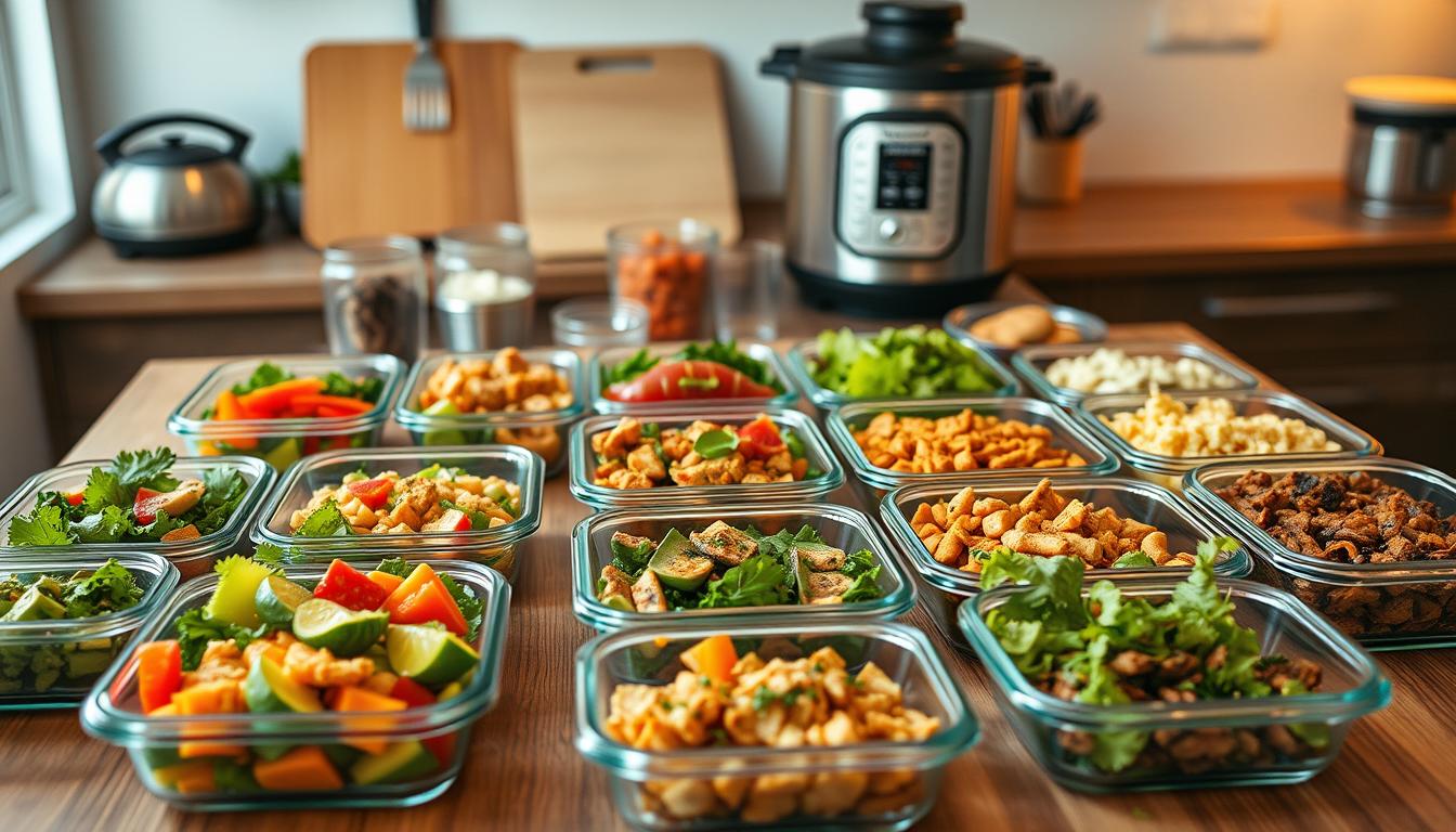 A meticulously organized meal prep plan, with an array of healthy, freshly prepared dishes arranged on a wooden table. The foreground features glass containers filled with colorful salads, protein-rich entrees, and flavorful side dishes. In the middle ground, cutting boards, measuring cups, and a sleek kitchen appliance create a sense of culinary preparation. The background is softly blurred, drawing the viewer's focus to the delectable meal options. The lighting is natural and warm, evoking a cozy, inviting atmosphere. The angle is slightly elevated, allowing for an appealing, appetizing perspective of the well-planned, nutritious meal prep.