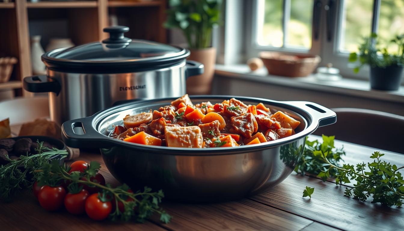 A large modern stainless steel slow cooker filled with protein-rich hearty stew, surrounded by fresh vegetables and herbs on a wooden table. Soft, warm lighting casts a cozy glow, highlighting the rich, savory colors and textures of the meal. In the background, a window provides a view of a lush, green outdoor scene. The overall atmosphere is one of comfort, nourishment, and healthy living for the fitness-minded.
