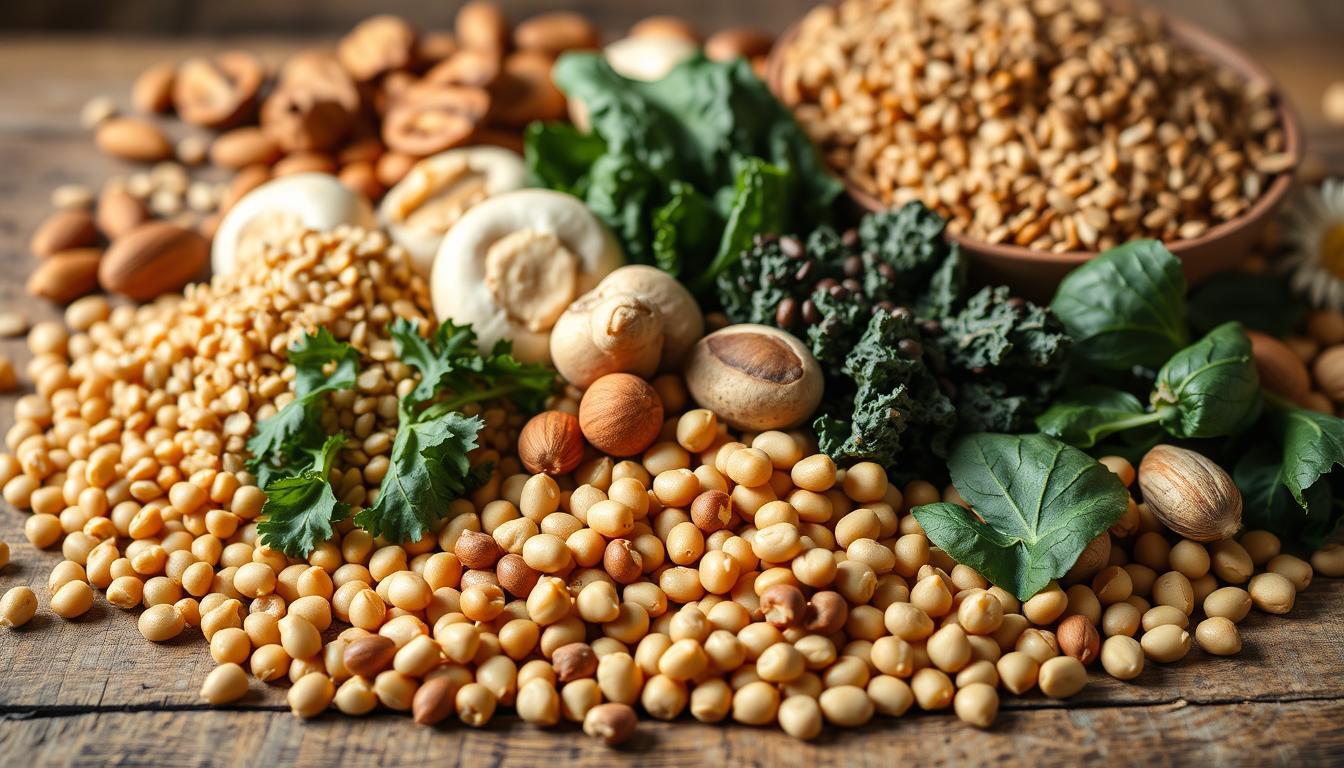 A bountiful still life scene featuring an assortment of protein-rich plant foods, captured in soft, natural lighting. In the foreground, an array of legumes - lentils, chickpeas, and kidney beans - spilled across a rustic wooden table. In the middle ground, leafy greens like kale and spinach, complemented by earthy mushrooms and nutty quinoa. The background subtly showcases a variety of nuts and seeds, from almonds and walnuts to chia and flaxseeds. The composition is balanced, highlighting the diverse textures and vibrant colors of these nutritious, plant-based ingredients. Crisp, high-resolution details, with a slightly warm, inviting tone that evokes the feeling of a nourishing, plant-based meal.