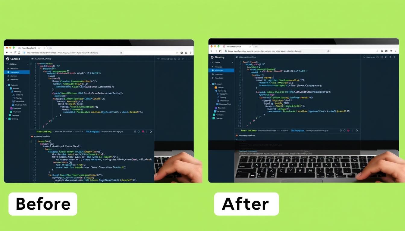 Before and after screenshots of CodeBuddy's web application showing AI integration improvements