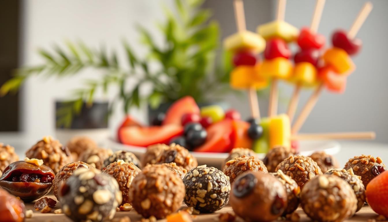 A vibrant, mouthwatering display of healthy dessert alternatives, captured under warm, ambient lighting. In the foreground, an array of bite-sized energy bites made with dates, nuts, and natural sweeteners. In the middle ground, a platter of fresh fruit skewers, their juicy colors popping against a sleek, minimalist backdrop. In the background, a lush, green plant provides a touch of organic elegance. The scene radiates a sense of balance and indulgence, inviting the viewer to savor better-for-you sweet treats that satisfy cravings without compromising health.