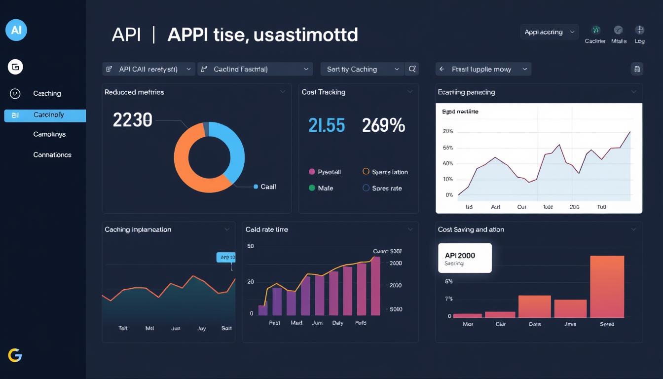 Dashboard showing AI API usage optimization with caching strategies and cost metrics