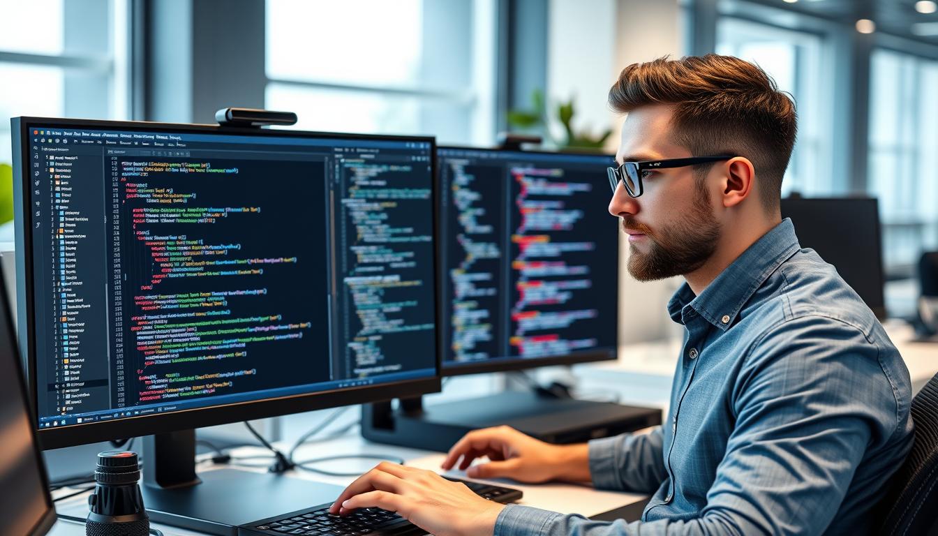 Developer integrating AI APIs into web applications showing code on one screen and AI features on another