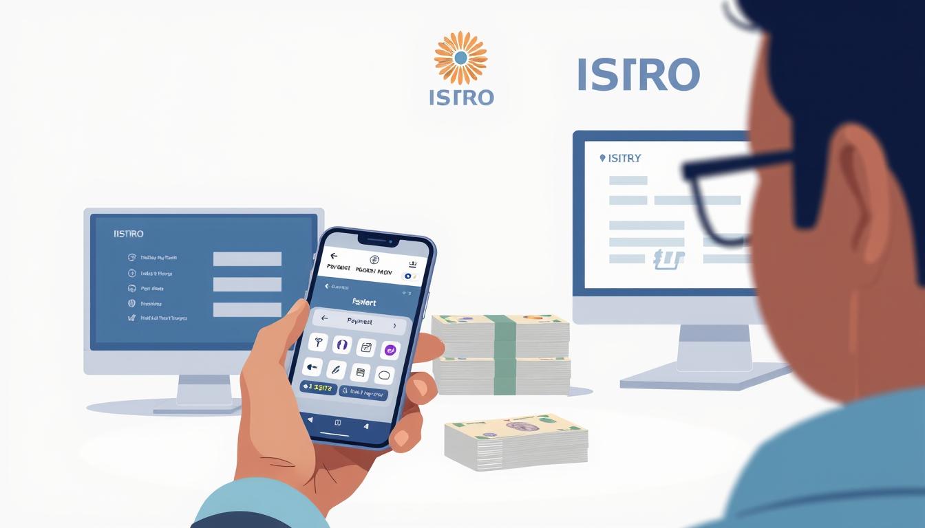 A high-resolution digital illustration depicting the ISRO recruitment fee payment process. In the foreground, a person is using a mobile device to access an online payment portal, with various payment method icons and instructions visible. The middle ground shows a stack of Indian rupee currency notes and a computer displaying the ISRO application form. The background features the ISRO logo and branding, along with a subtle color scheme of blues and grays to convey a professional, institutional atmosphere. The lighting is soft and diffused, creating a sense of clarity and focus on the key elements. The composition is balanced and symmetrical, guiding the viewer's attention to the central payment process.