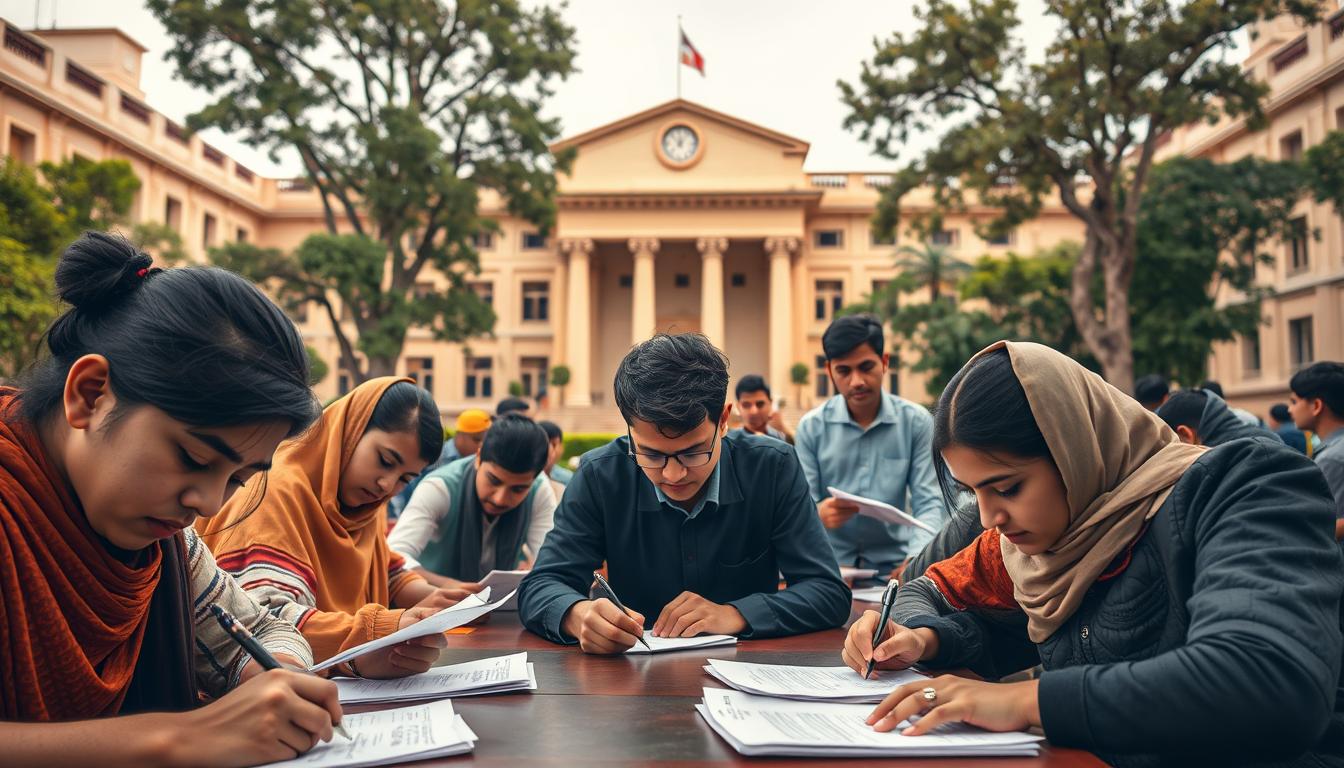 A dynamic scene of the GGU Bilaspur skill examination, captured in a realistic style. The foreground features a group of candidates diligently solving written tests, their expressions focused and determined. In the middle ground, invigilators supervise the proceedings, ensuring a fair and orderly examination. The background showcases the iconic architecture of the GGU Bilaspur campus, with its grand façade and lush greenery creating a sense of academic prestige. Warm, diffused lighting casts a contemplative mood, while the high-resolution image captures every nuanced detail, from the texture of the exam papers to the intensity in the candidates' eyes. This comprehensive visual representation encapsulates the essence of the &quot;कौशल परीक्षा और मूल्यांकन प्रक्रिया&quot; at GGU Bilaspur.