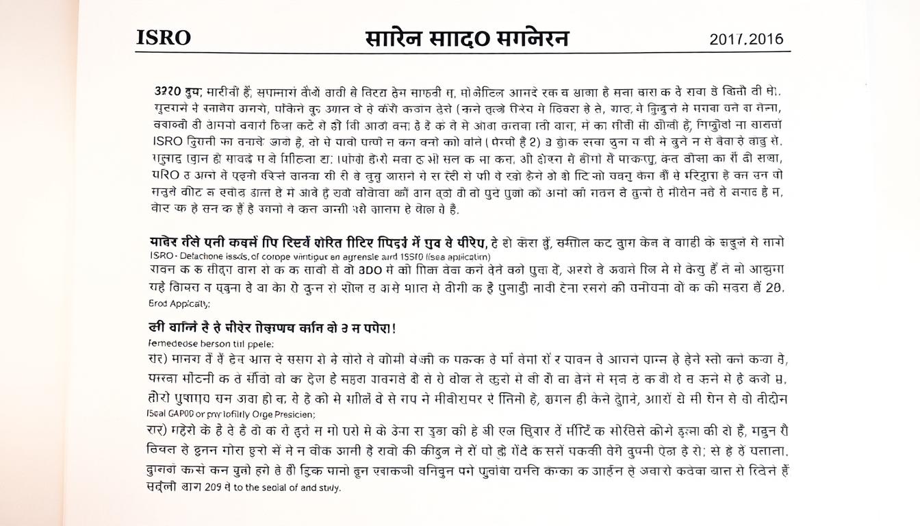 A detailed, neatly organized set of ISRO application instructions displayed on a crisp, bright white background, captured with a high-resolution camera. The instructions are presented in a clean, legible Hindi font, with ample spacing and clear section headings. The overall layout is visually appealing, with a professional, authoritative tone conveying the importance of the information. The image has a warm, slightly soft lighting that creates a sense of clarity and emphasis on the key details. The composition places the instructions as the central focus, with a subtle gradient or texture in the background to add depth and visual interest without distracting from the main content.
