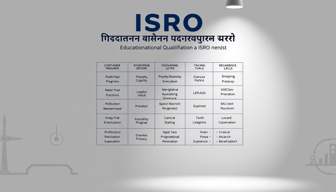 ISRO वैज्ञानिक योग्यता मानदंड: a sleek, professional poster showcasing the educational qualifications required to be an ISRO scientist. Set against a clean, minimalist background with subtle technical elements, the poster features a central grid-like layout highlighting the various degree programs, specializations, and experience levels needed. The design uses a muted color palette with crisp typography to convey a sense of authority and precision. Lighting is soft and uniform, creating a well-balanced, technical aesthetic. The composition places emphasis on the key information, with supporting details subtly integrated into the design. An air of academic rigor and scientific excellence permeates the entire image.